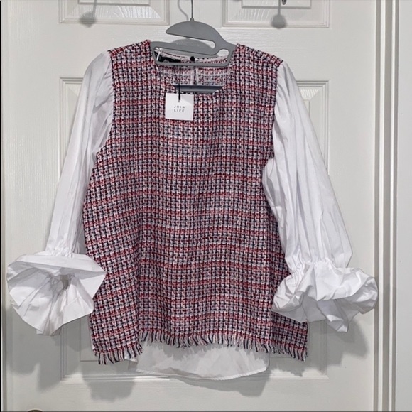 Zara Red Contrasting Tweed Shirt - Picture 3 of 7